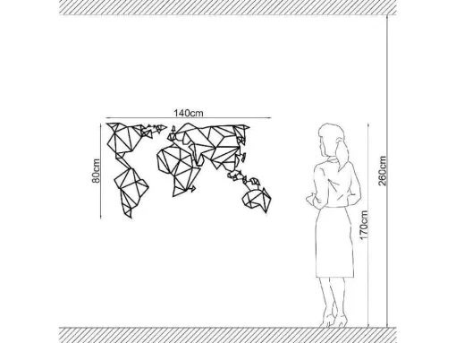 Decoração Metalica Mapa Do Mundo 21, Preto, 140X1,5X80 Cm, Epikasa