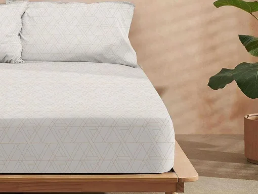 Drap Housse 100% Coton 1 Piece Beige A Triangles 160X200