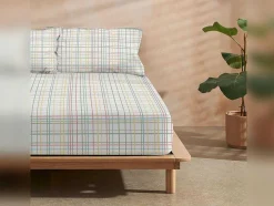 Drap Housse 100% Coton 1 Piece Blanc A Lignes Pastels 140X200