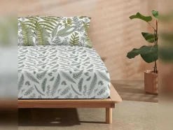 Drap Housse 100% Coton 1 Piece Blanc A Motifs Vegetaux 105X200