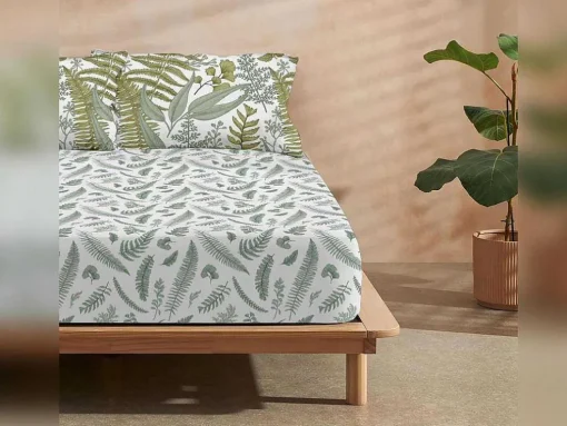 Drap Housse 100% Coton 1 Piece Blanc A Motifs Vegetaux 105X200