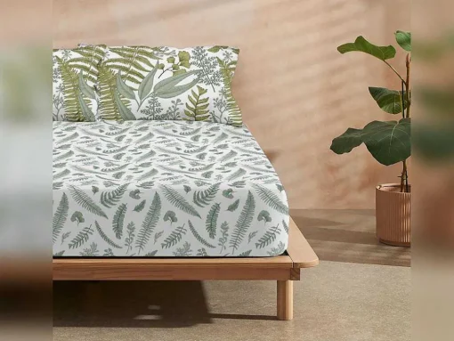 Drap Housse 100% Coton 1 Piece Blanc A Motifs Vegetaux 105X200