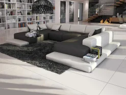Grande Sofá Panorâmico 7 Lugares Em Pele Sintética Duas Cores: Cinzento E Branco - Scosy