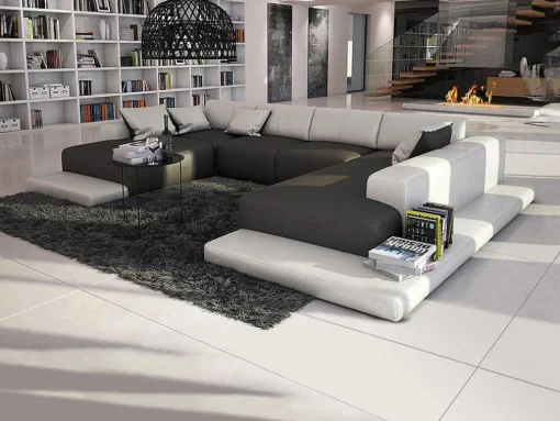 Grande Sofá Panorâmico 7 Lugares Em Pele Sintética Duas Cores: Cinzento E Branco - Scosy