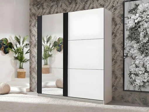 Guarda-Roupa Com 2 Portas De Correr E Com Espelho De C.217 Cm Cor Branco E Preto - Sutera