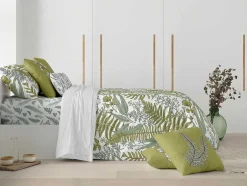 Housse De Couette 100% Coton 1 Piece Blanc A Plantes Vertes 260X240