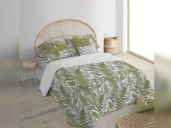 Housse De Couette 100% Coton 1 Piece Blanc A Plantes Vertes 260X240