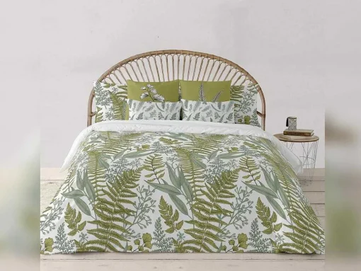 Housse De Couette 100% Coton 1 Piece Blanc A Plantes Vertes 260X240