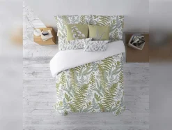 Housse De Couette 100% Coton 1 Piece Blanc A Plantes Vertes 260X240