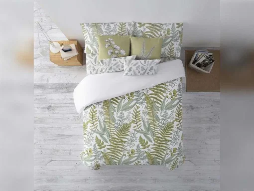 Housse De Couette 100% Coton 1 Piece Blanc A Plantes Vertes 260X240