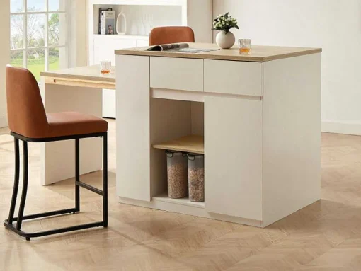 Ilha Central De Cozinha Com Espacos De Arrumação Mdf Branco E Natural - Belaza