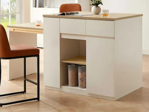Ilha Central De Cozinha Com Espacos De Arrumação Mdf Branco E Natural - Belaza