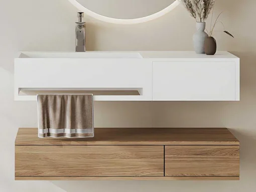 Lavatório Suspenso Em Solid Surface Com Nicho Cor Branco De C80 X L40 X A20 Cm - Goyoko