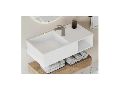Lavatório Suspenso Em Solid Surface Com Nicho Cor Branco De C80 X L40 X A20 Cm - Goyoko