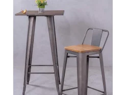 Mesa Alta Industrial Em Aco Envelhecido E Madeira Escura - Bistro - Antiguidade