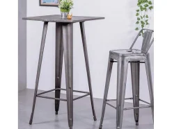 Mesa Alta Industrial Em Aco Envelhecido E Madeira Escura - Bistro - Antiguidade