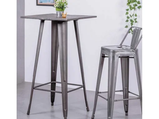 Mesa Alta Industrial Em Aco Envelhecido E Madeira Escura - Bistro - Antiguidade