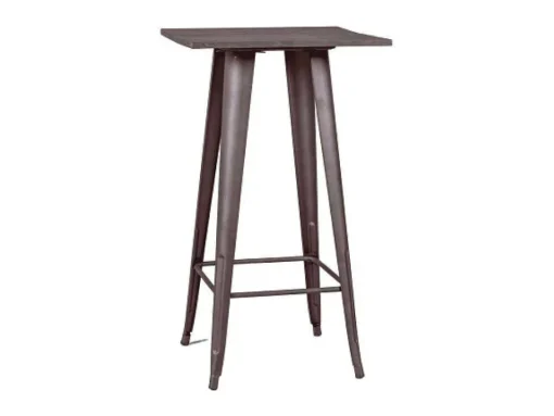 Mesa Alta Industrial Em Aco Envelhecido E Madeira Escura - Bistro - Antiguidade