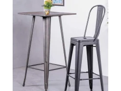 Mesa Alta Industrial Em Aco Envelhecido E Madeira Escura - Bistro - Antiguidade