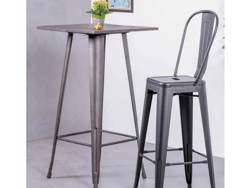 Mesa Alta Industrial Em Aco Envelhecido E Madeira Escura - Bistro - Antiguidade