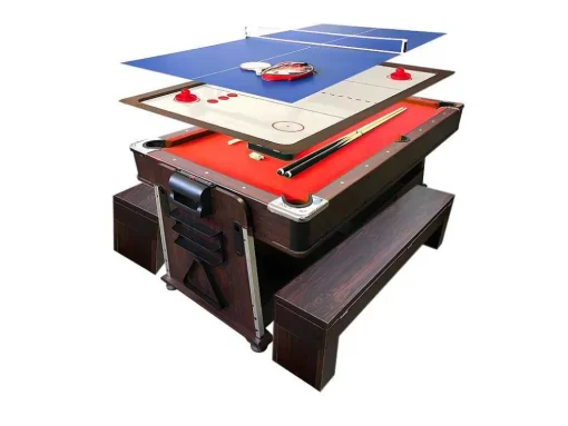 Mesa De Bilhar 7 Pés Multijogo Vermelho Air Hockey + Ping Pong - Stark Com Bancos