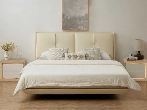 Mesa De Cabeceira Lado Direito Com 2 Gavetas, Com Leds, Lacado A Branco E Natural - Flarancia