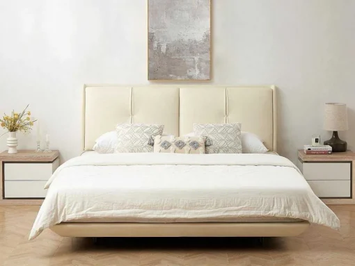 Mesa De Cabeceira Lado Direito Com 2 Gavetas, Com Leds, Lacado A Branco E Natural - Flarancia