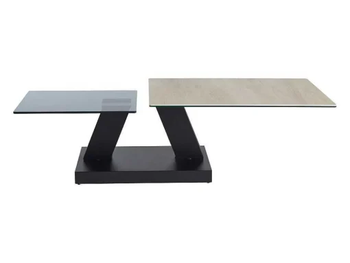 Mesa De Centro Com Tampos Giratorios Ceramica, Vidro Temperado Fumado E Metal, Preto E Natural - Oyrus De Maison Cephy