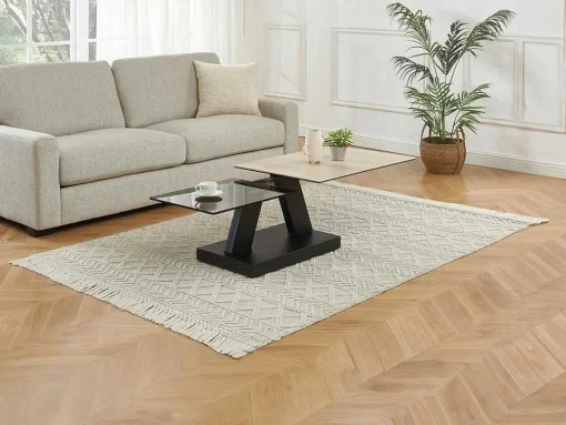 Mesa De Centro Com Tampos Giratorios Ceramica, Vidro Temperado Fumado E Metal, Preto E Natural - Oyrus De Maison Cephy