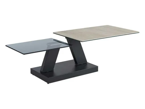Mesa De Centro Com Tampos Giratorios Ceramica, Vidro Temperado Fumado E Metal, Preto E Natural - Oyrus De Maison Cephy