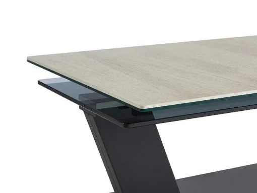 Mesa De Centro Com Tampos Giratorios Ceramica, Vidro Temperado Fumado E Metal, Preto E Natural - Oyrus De Maison Cephy