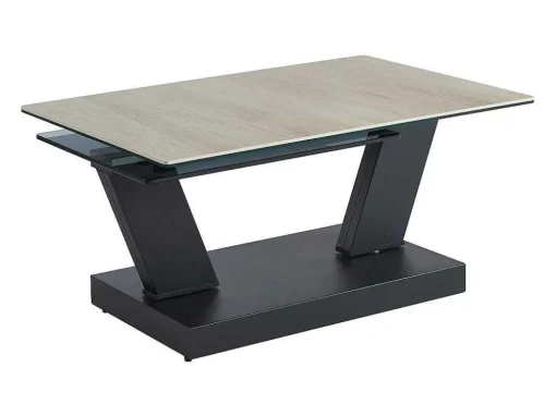 Mesa De Centro Com Tampos Giratorios Ceramica, Vidro Temperado Fumado E Metal, Preto E Natural - Oyrus De Maison Cephy