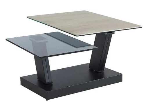 Mesa De Centro Com Tampos Giratorios Ceramica, Vidro Temperado Fumado E Metal, Preto E Natural - Oyrus De Maison Cephy