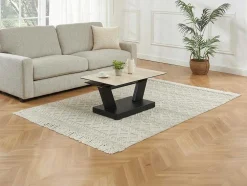 Mesa De Centro Com Tampos Giratorios Ceramica, Vidro Temperado Fumado E Metal, Preto E Natural - Oyrus De Maison Cephy