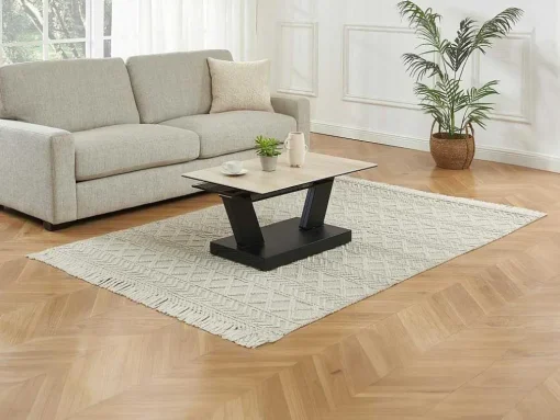 Mesa De Centro Com Tampos Giratorios Ceramica, Vidro Temperado Fumado E Metal, Preto E Natural - Oyrus De Maison Cephy