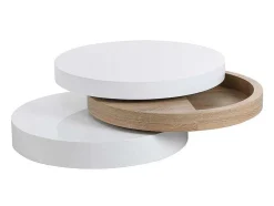 Mesa De Centro Giratoria Redonda Em Mdf Cor Branco E Carvalho - Janita
