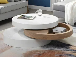 Mesa De Centro Giratoria Redonda Em Mdf Cor Branco E Carvalho - Janita