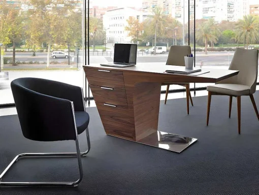 Mesa De Escritório Em Madeira Folheada A Nogueira Com Duas Gavetas Simples 3012