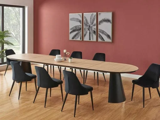 Mesa De Jantar Extensivel De 8 A 14 Lugares Mdf E Metal Natural Claro E Preto - Felanio