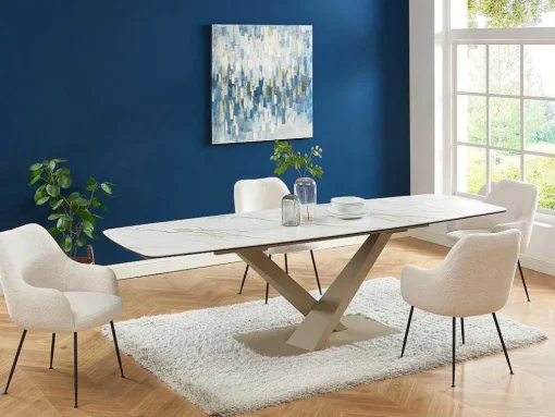 Mesa De Jantar Extensivel 6 A 10 Lugares Em Ceramica E Metal, Efeito Marmore Branco E Bege - Malata De Pascal Morabito