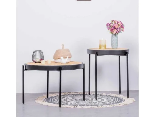 Mesa Lateral Retro Com Detalhes Em Rattan Natural (46Cm) - North - Preto