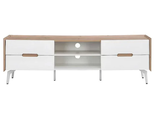 Móvel De 4 Gavetas E 2 Nichos Em Mdf E Metal Lacado A Branco E Natural - Cayana