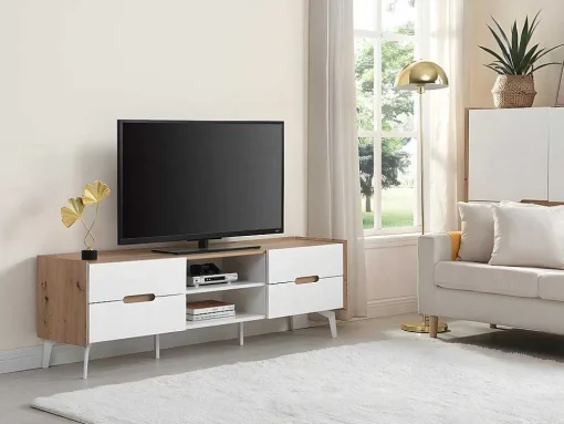 Móvel De 4 Gavetas E 2 Nichos Em Mdf E Metal Lacado A Branco E Natural - Cayana