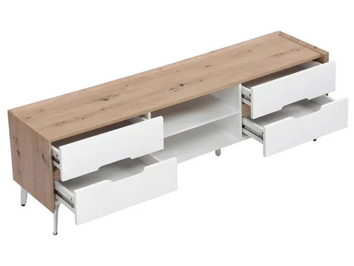 Móvel De 4 Gavetas E 2 Nichos Em Mdf E Metal Lacado A Branco E Natural - Cayana