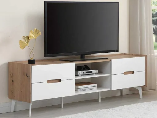 Móvel De 4 Gavetas E 2 Nichos Em Mdf E Metal Lacado A Branco E Natural - Cayana