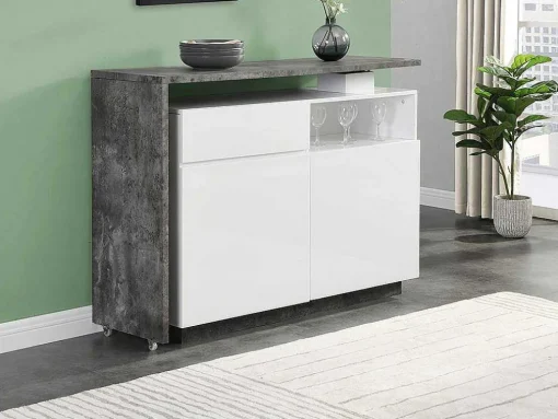 Móvel De Bar Giratorio Com 2 Portas, 1 Gaveta E 1 Nicho Em Mdf Lacado A Branco E Cinza Cimento - Eldir