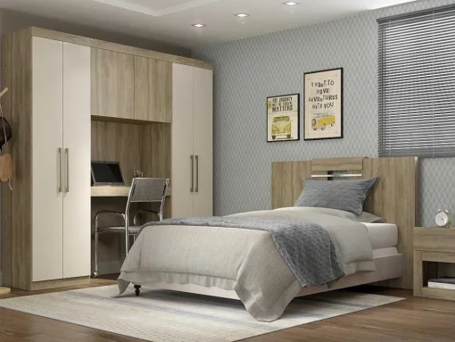 Móvel De Cama Antero - 6 Portas - Com Armários E Gavetas - C 200 Cm - Carvalho & Marfim