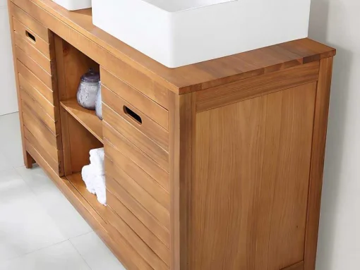 Móvel De Casa De Banho Em Madeira De Acacia Com Lavatório Duplo E Espelhos De 130 Cm - Pulukan