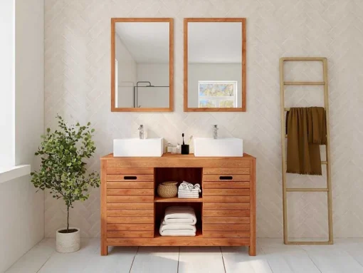 Móvel De Casa De Banho Em Madeira De Acacia Com Lavatório Duplo E Espelhos De 130 Cm - Pulukan