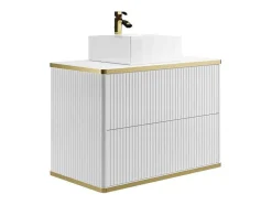Móvel De Casa De Banho Suspenso Estriado Rebordo Dourado Com Lavatório De Pousar Branco 80 Cm - Keliza